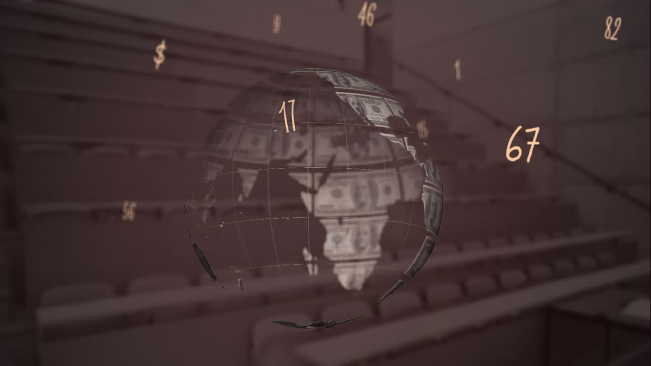 학교 계단에 대한 미국 달러로 만들어진 전 세계를 떠다니는 숫자의 디지털 구성