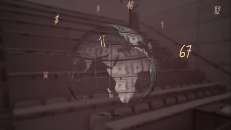 composición digital de números flotando sobre el globo hecho de dólares estadounidenses contra las escaleras de la escuela