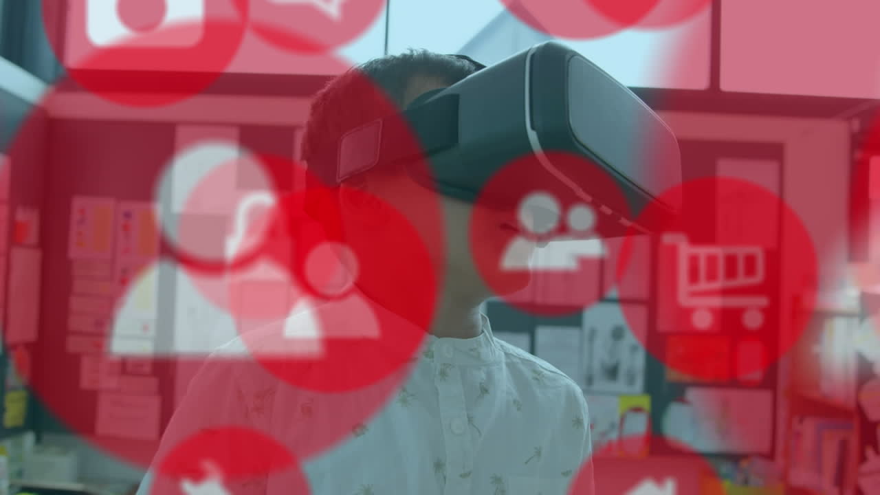 vr 헤드 ⁇ 을 착용한 소년과 함께 빨간 아이콘