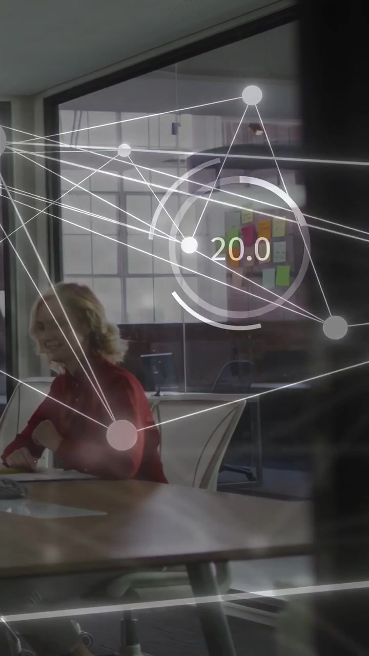Vertical video: Project lead reaching device launching AR graphs and readouts for business meeting