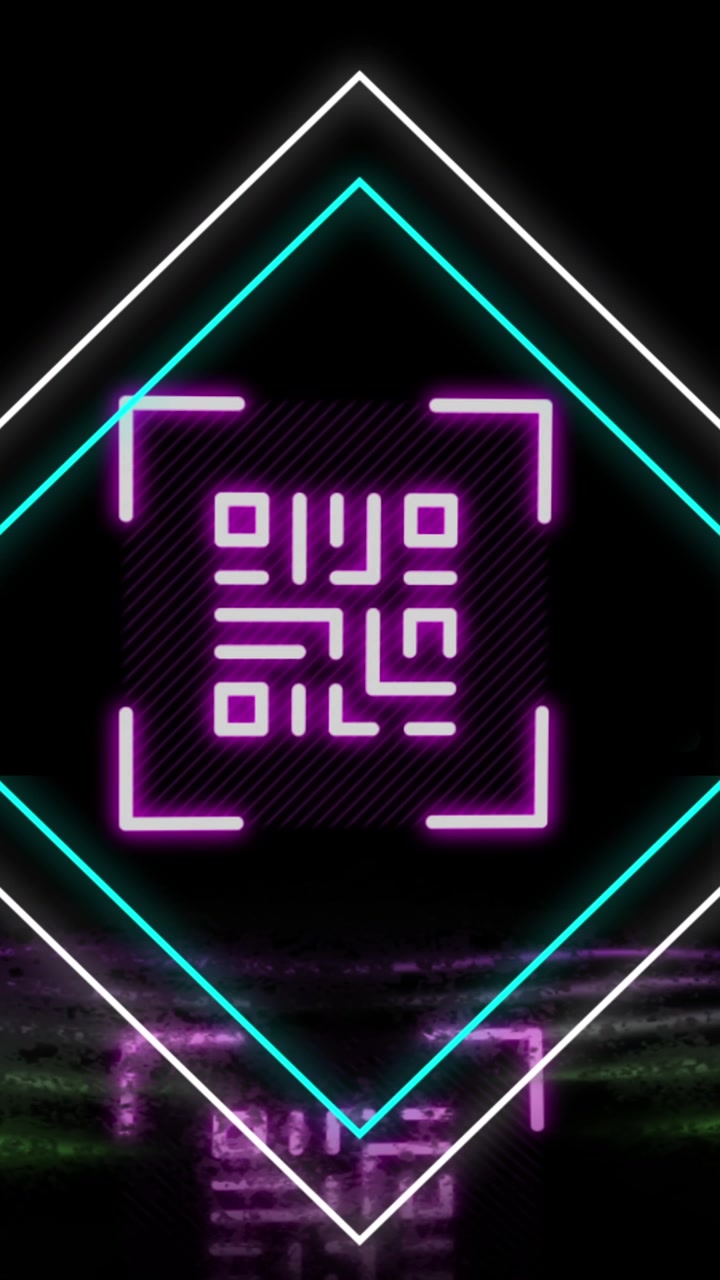 Animation of glowing qr code over neon geometric shapes