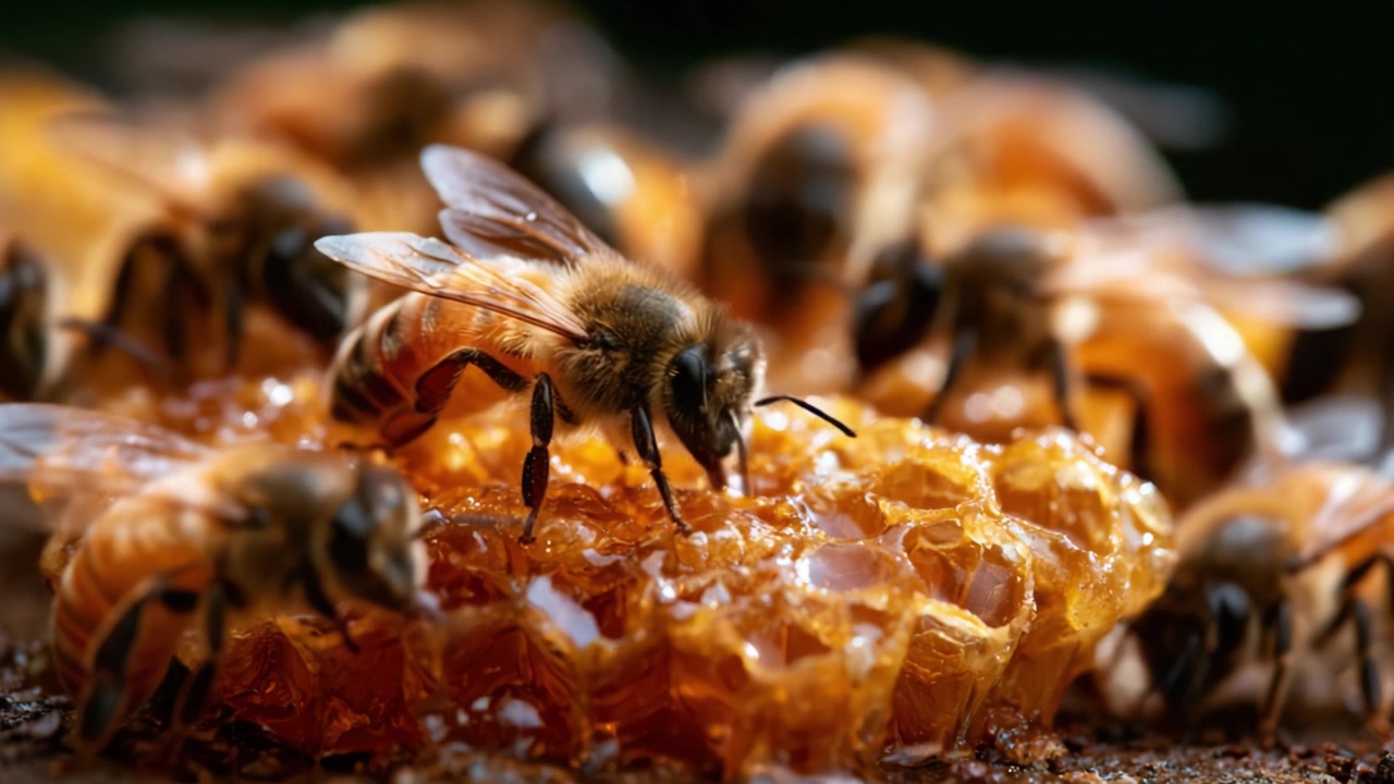 Uno sguardo ravvicinato alle api mellifere che raccolgono nettare e creano miele dal favo: L'intricato processo di impollinazione e l'attività dell'alveare in azione