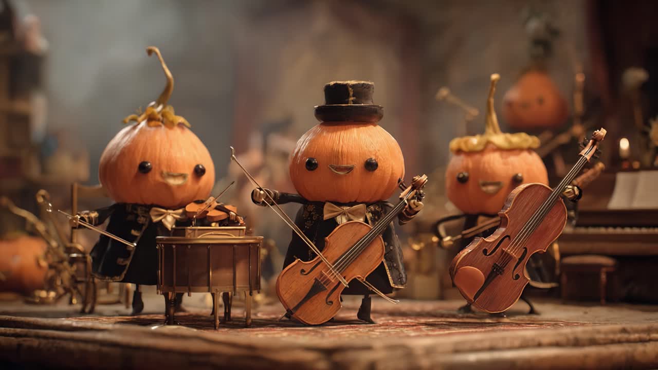 Whimsical Pumpkin Musicians Bring Autumn Joy with Enchanting Melodies in a Magical Scene of Musical Delight and Creative Artistry