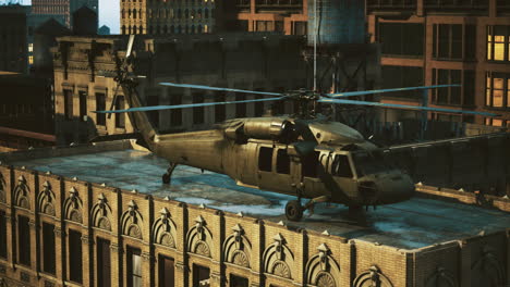 military helicopter landing on a rooftop in an urban cityscape at dusk