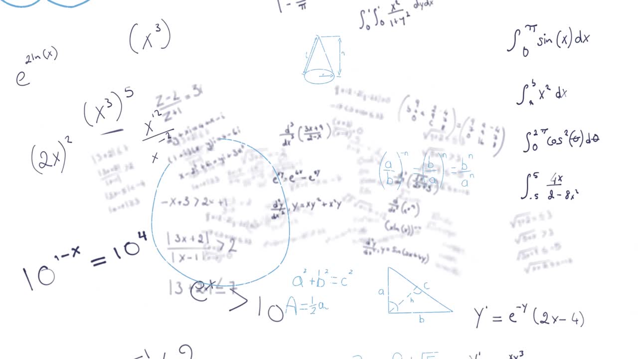 animación de ecuaciones matemáticas, diagramas y fórmulas que flotan sobre un fondo blanco
