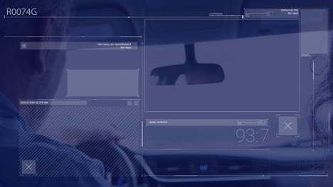 Driving-car,-digital-dashboard-displaying-various-performance-metrics-with-animation