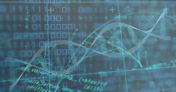 Animation of dna structure spinning and binary coding data processing against black background
