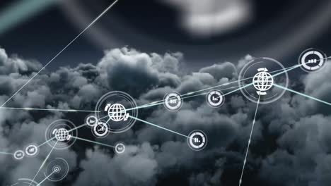 Animation-of-network-of-connections-with-icons-over-sky-with-clouds