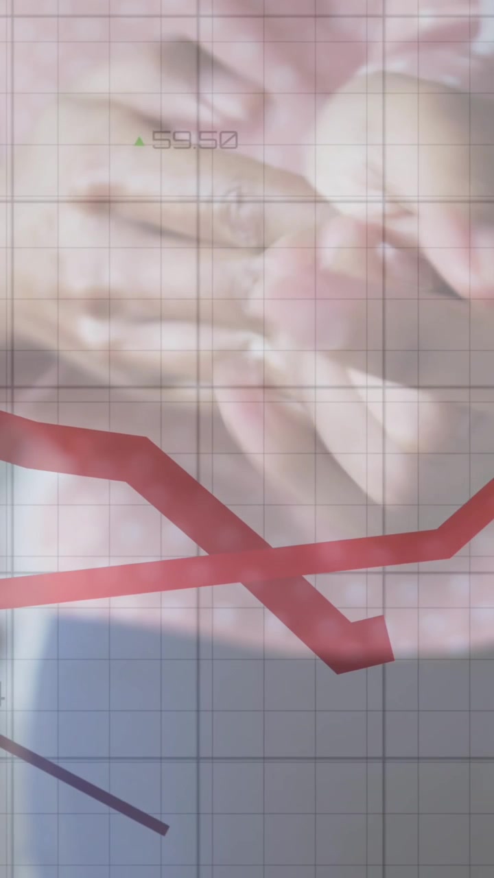 Animation of digital interface showing statistics with woman disinfecting hands