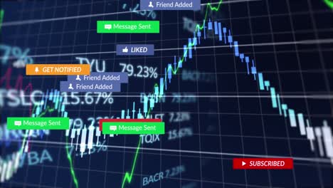 Animation-Von-Benachrichtigungsleisten,-Diagrammen-Und-Handelstafeln-Auf-Schwarzem-Hintergrund