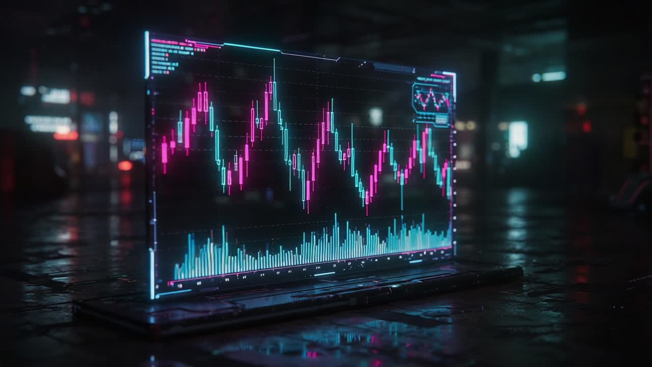A Captivating Display of Neon Financial Data Visualization with Dynamic Graphical Elements Showcasing Market Trends and Analytics in a Futuristic Environment