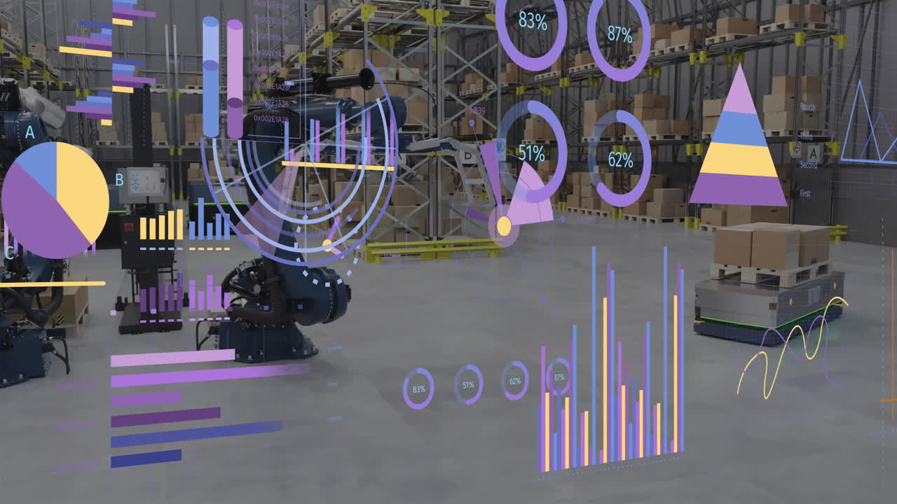 Animation of diagrams and data processing over machines working in warehouse