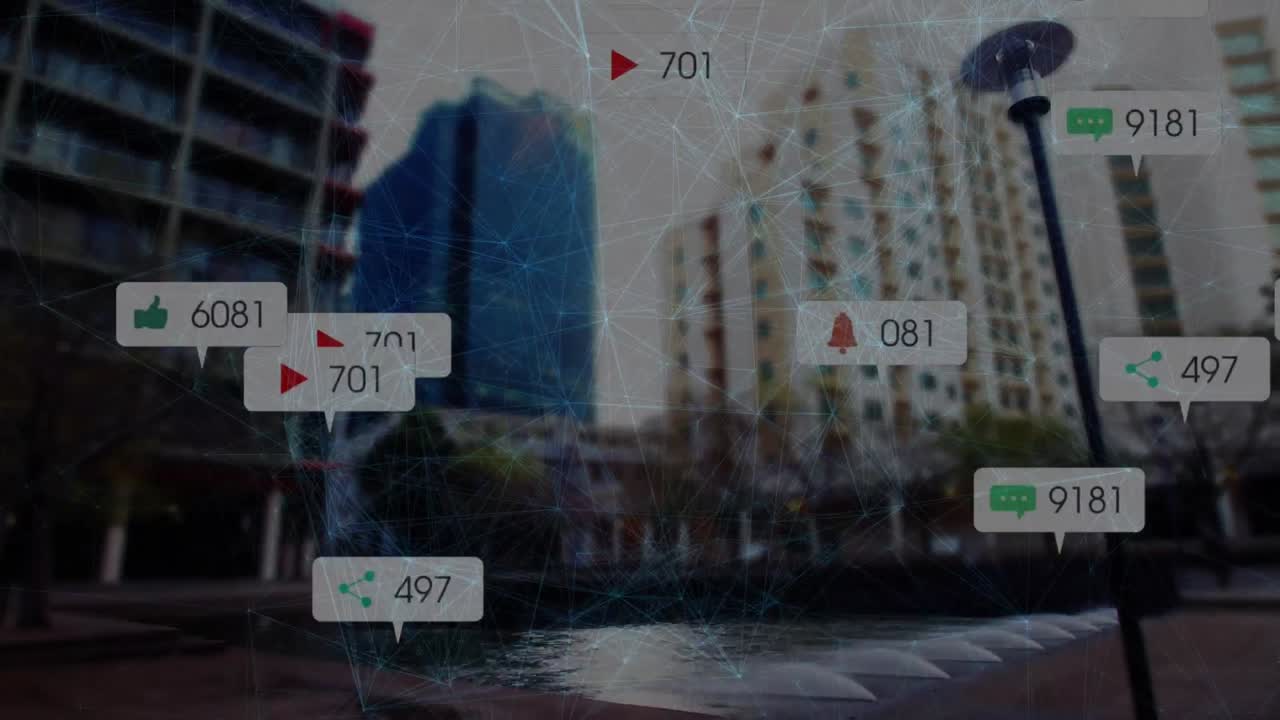 소셜 미디어 아이콘과 도시 풍경에 대한 연결 네트워크의 애니메이션