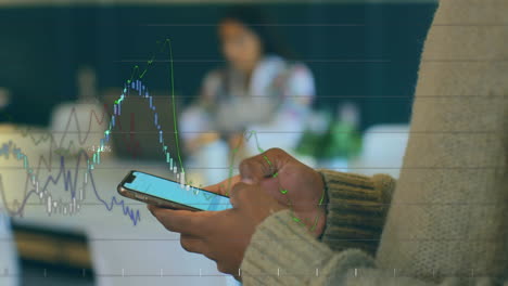 animation of data processing over businesswoman using smartphone