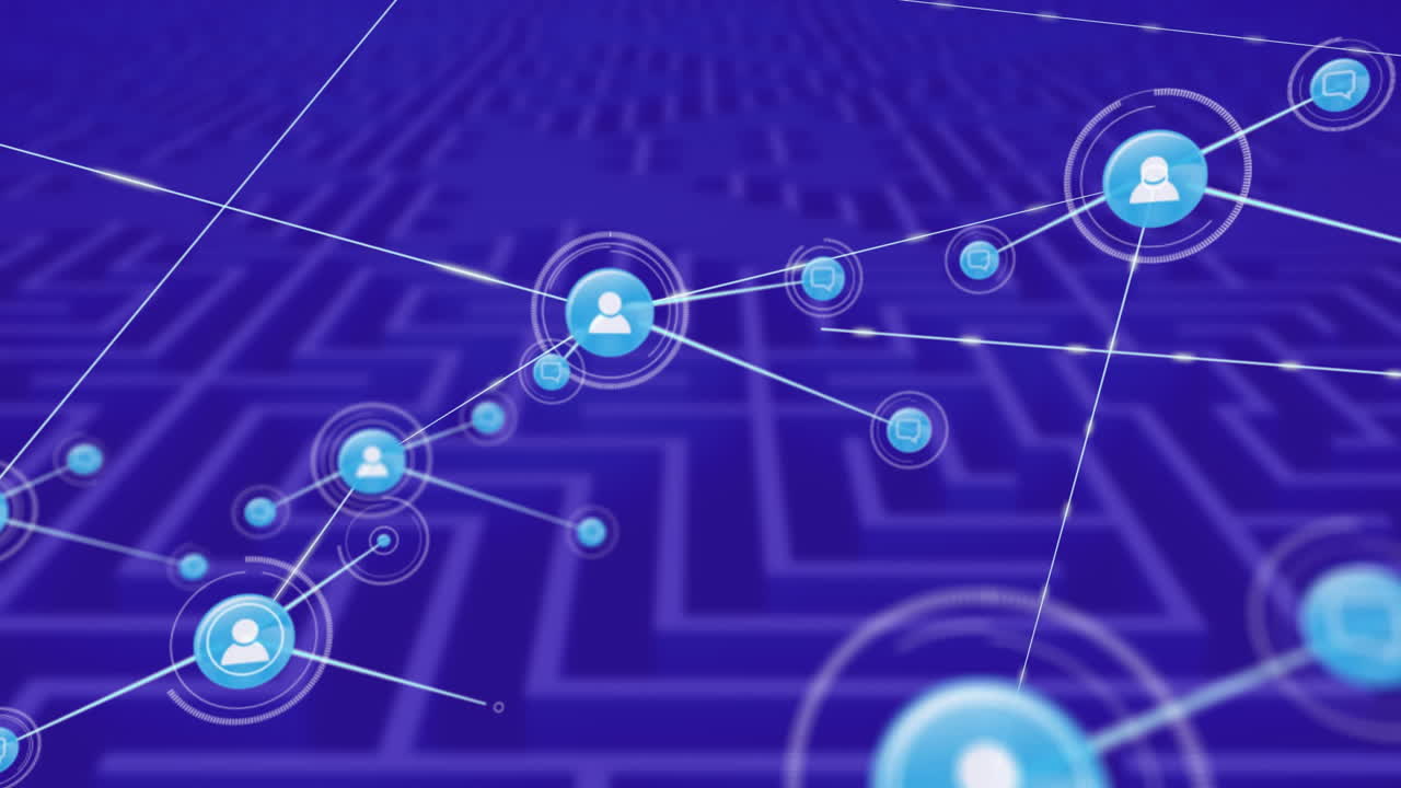 animación de la red de conexiones con iconos sobre el laberinto