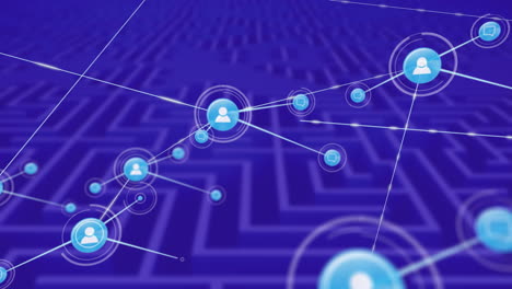 animación de la red de conexiones con iconos sobre el laberinto