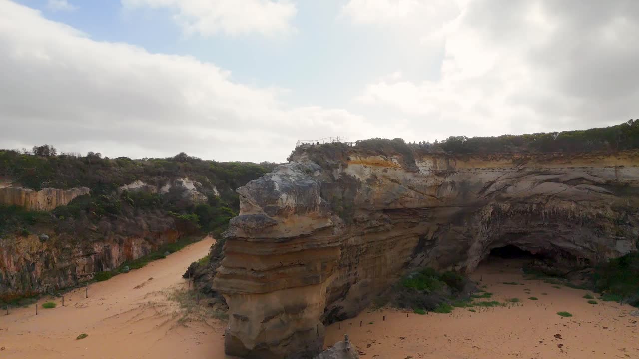 Drone captures stunning cliffs and ocean waves at Loch Ard Gorge, Port Campbell. Dynamic aerial views highlight natural erosion and rugged beauty