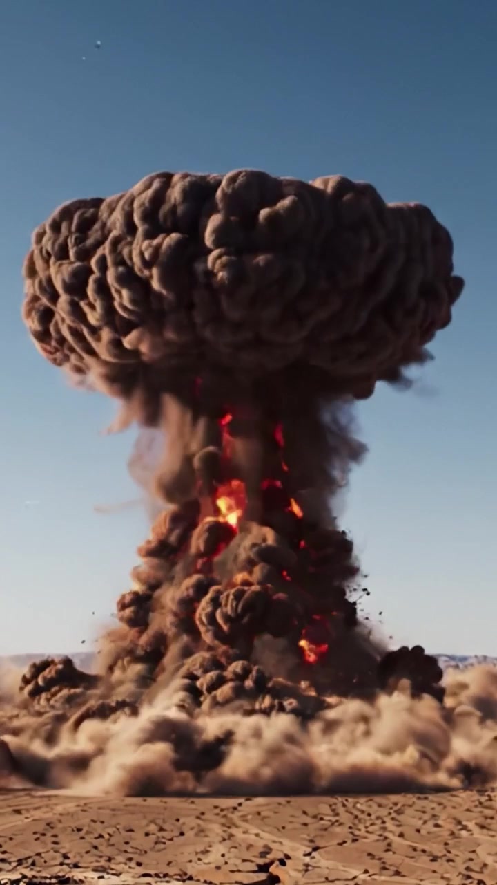 En fantastisk sekvens som fanger den kraftige eksplosjonen og den resulterende soppskyen, og viser dynamikken i energifrigjøring i en dramatisk visuell fortelling.