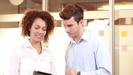 Smiling-casual-business-worker-using-tablet-computer