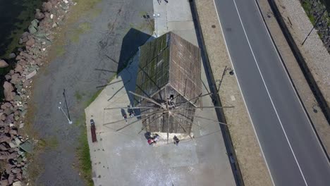 drone circling video of the nesebar windmill