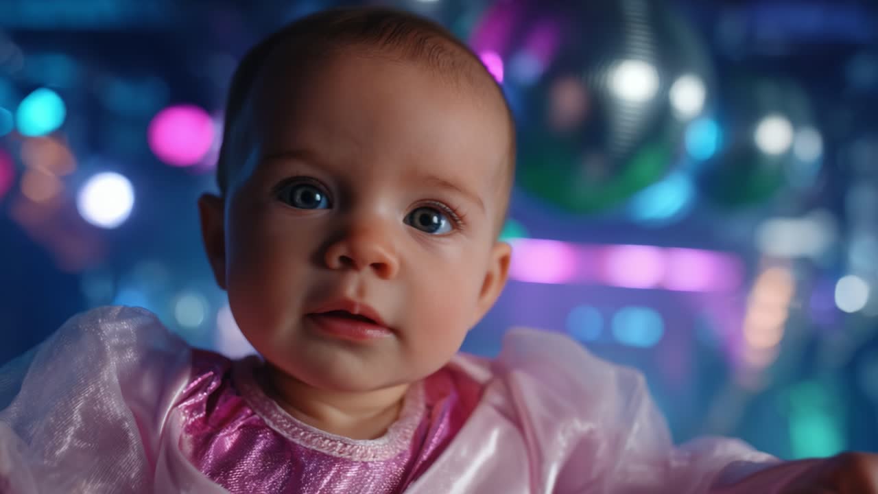 Bedårende baby kledd i glitrende antrekk, fengslende blikk omgitt av fargerike lys og discokuler i livlig atmosfære, som skaper en gledelig og magisk stemning