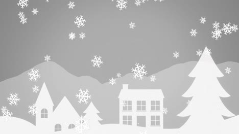 Animation-of-white-christmas-snowflakes-falling-over-white-buildings-and-trees-in-grey-landscape