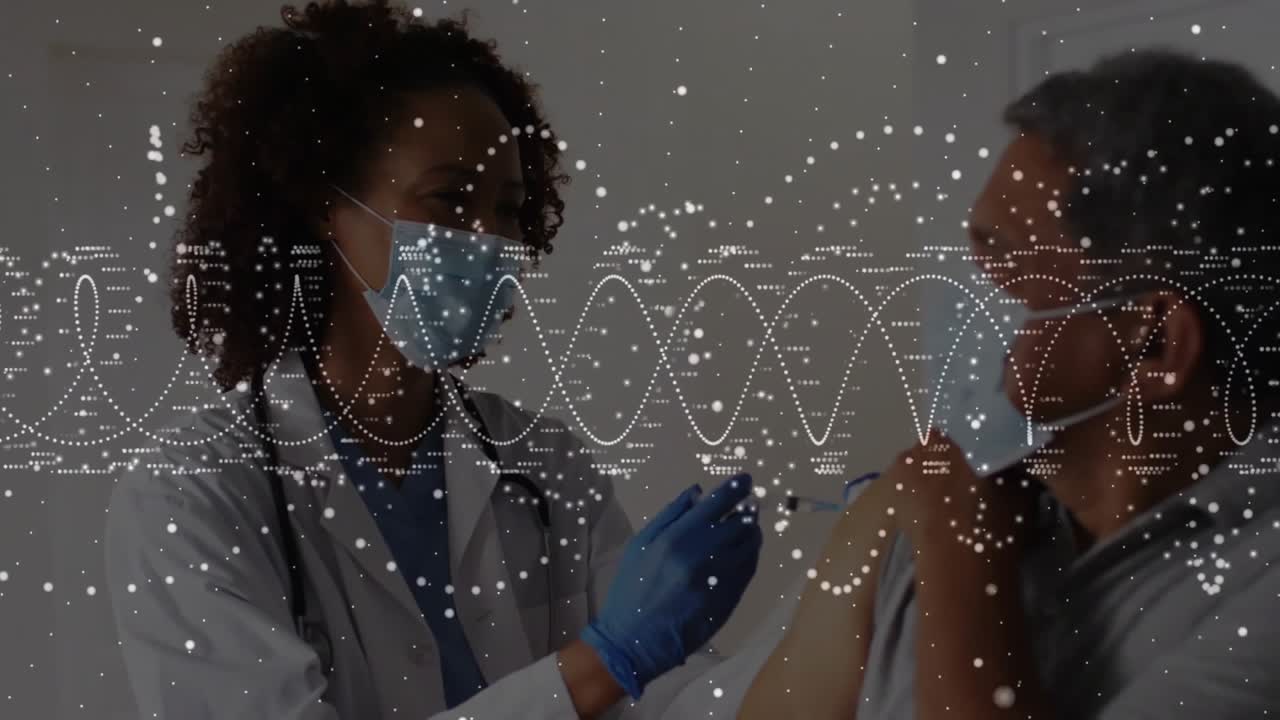 Female physician drawing vial and injecting male patient arm for vaccination while waveform pulses
