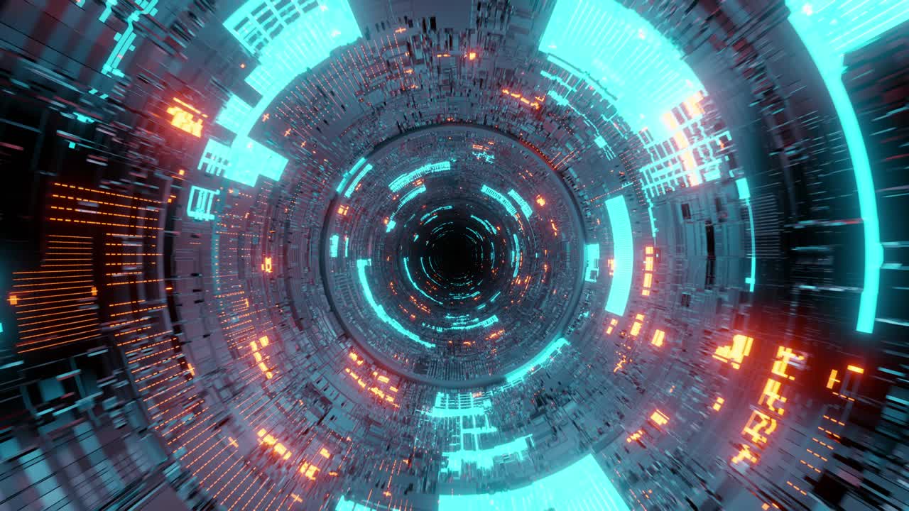 4K seamless loop flying into spaceship tunnel, sci-fi spaceship corridor. Futuristic technology abstract seamless VJ for tech titles and background.
