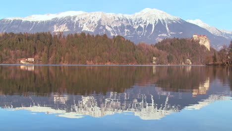 A-distant-castle-stands-on-the-shores-of-Lake-Bled-Slovenia