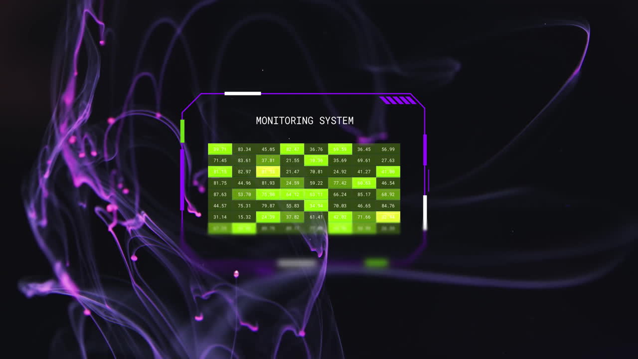 Animation of interface monitoring system over purple network floating on black background