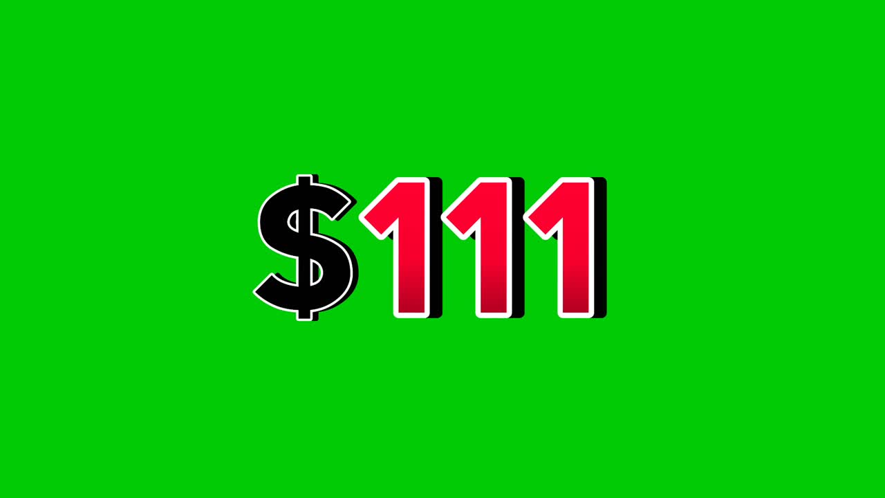 Animation number $111 dollar sign motion graphics, red font with white and black outlines green screen background vibrant red numbers. Video 3D effect with shadows for video elements business concept