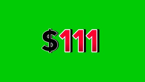 animation number $111 dollar sign motion graphics, red font with white and black outlines green screen background vibrant red numbers. video 3d effect with shadows for video elements business concept