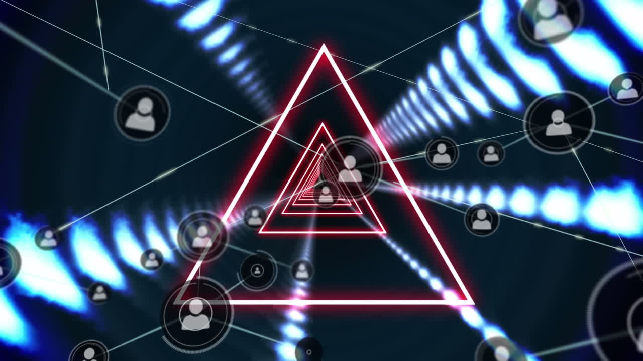 검은색 배경에 네온 모양 위에 아이콘으로 연결된 네트워크의 애니메이션