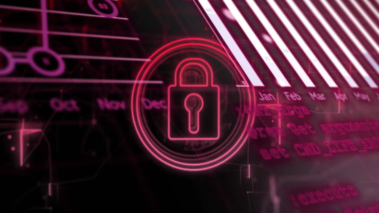 Animation of padlock icon and digital data processing