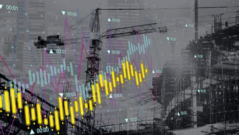 animation of construction site, financial data processing and statistics