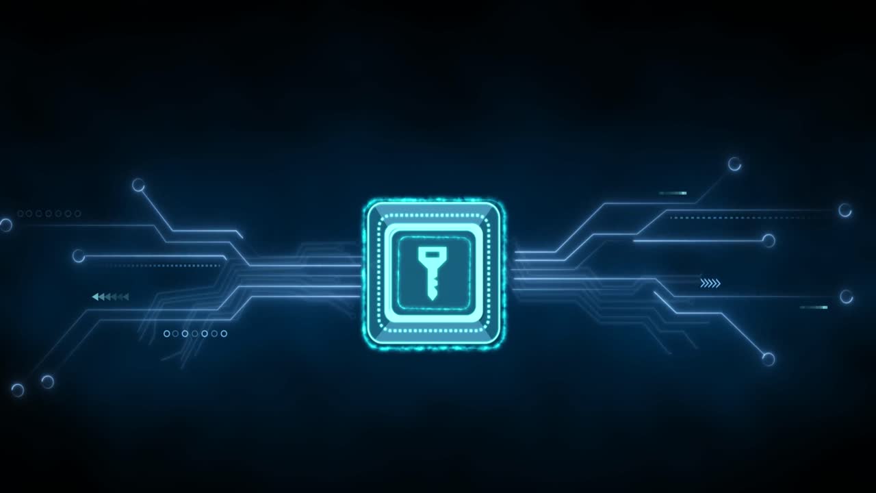 animación del procesamiento de datos con clave de seguridad en línea sobre una placa de circuitos informáticos