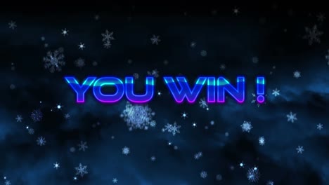 digital animation of you win text over snowflakes falling against blue background