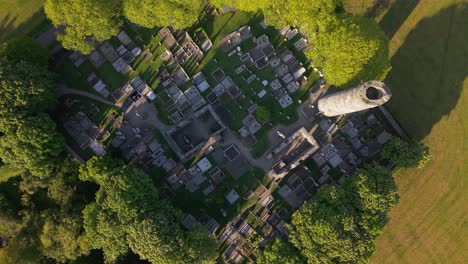 top down aerial view of the historic monasterboice monastic site, louth ireland