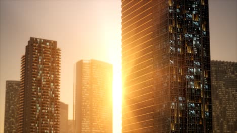 sunset aerial shot of skyscrapers of business centre