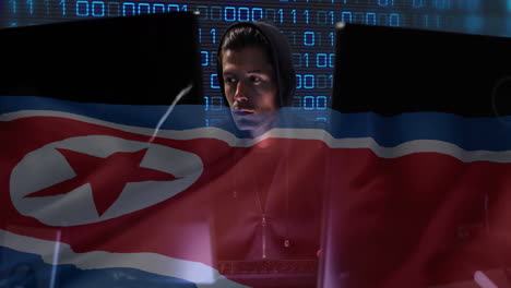 animación de codificación binaria con hacker sobre la bandera de corea del norte