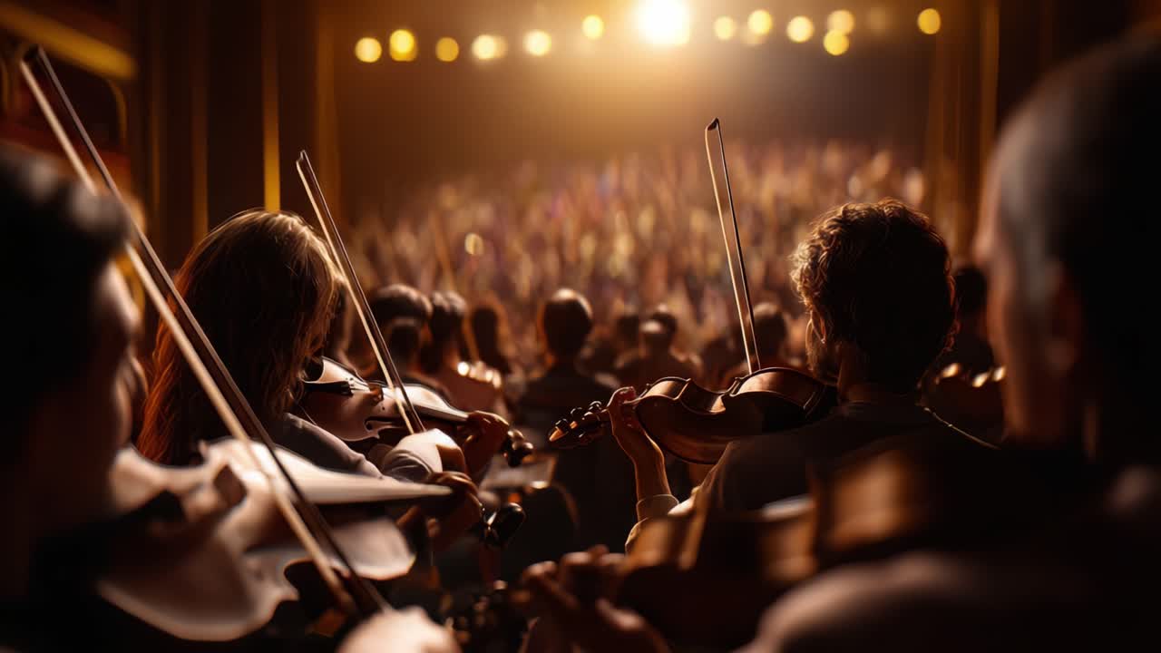 魅惑的な交響曲の演奏を捉えた一枚：ステージライトの下、ヴァイオリンを持った音楽家たちが観客の魅了された反応を待っている。