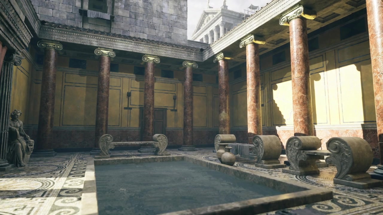 Espacio luminoso y aireado donde el sol baña un amplio salón con agua y columnas