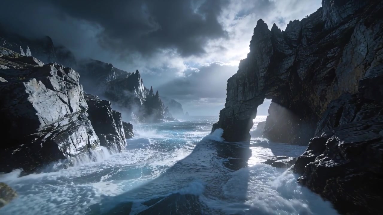 Un'onda di tempesta impetuosa spinge le onde a infrangersi contro un arco di roccia naturale in un'insenatura costiera frastagliata, sollevando schiuma.