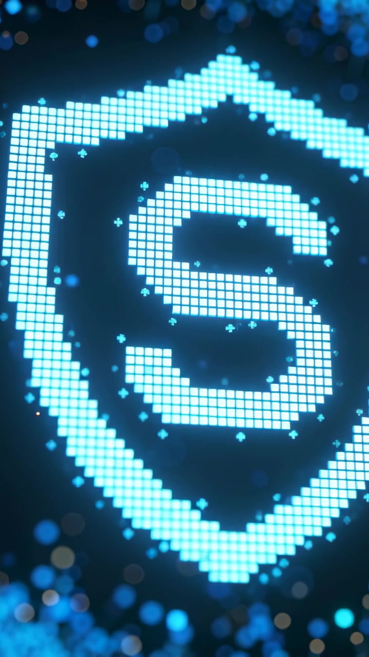 Vertical video: Pulling back camera showing pixel shield, pixels lighting in cyberspace, stylized S