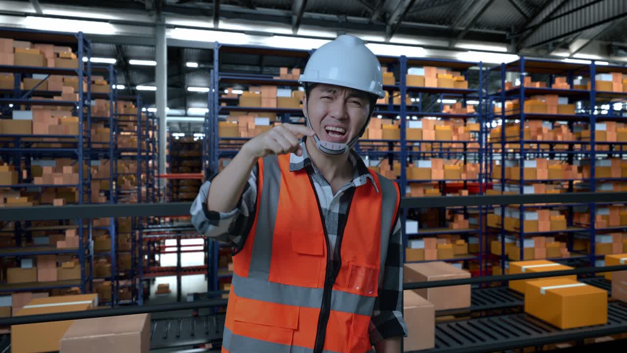 ingeniero masculino asiático con casco de seguridad de pie en el almacén con estantes llenos de mercancías de entrega. estar enojado, señalándote y gritando en el almacenamiento