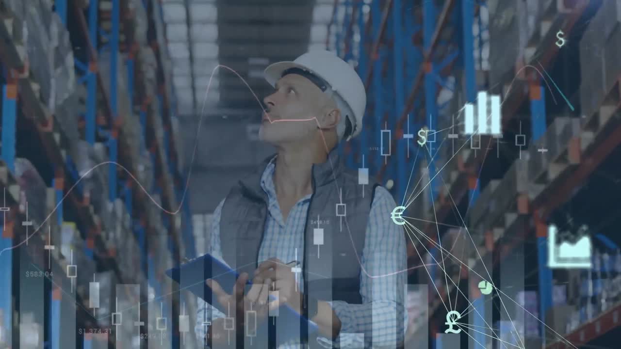 animación de la red de conexiones sobre el hombre caucásico que trabaja en el almacén