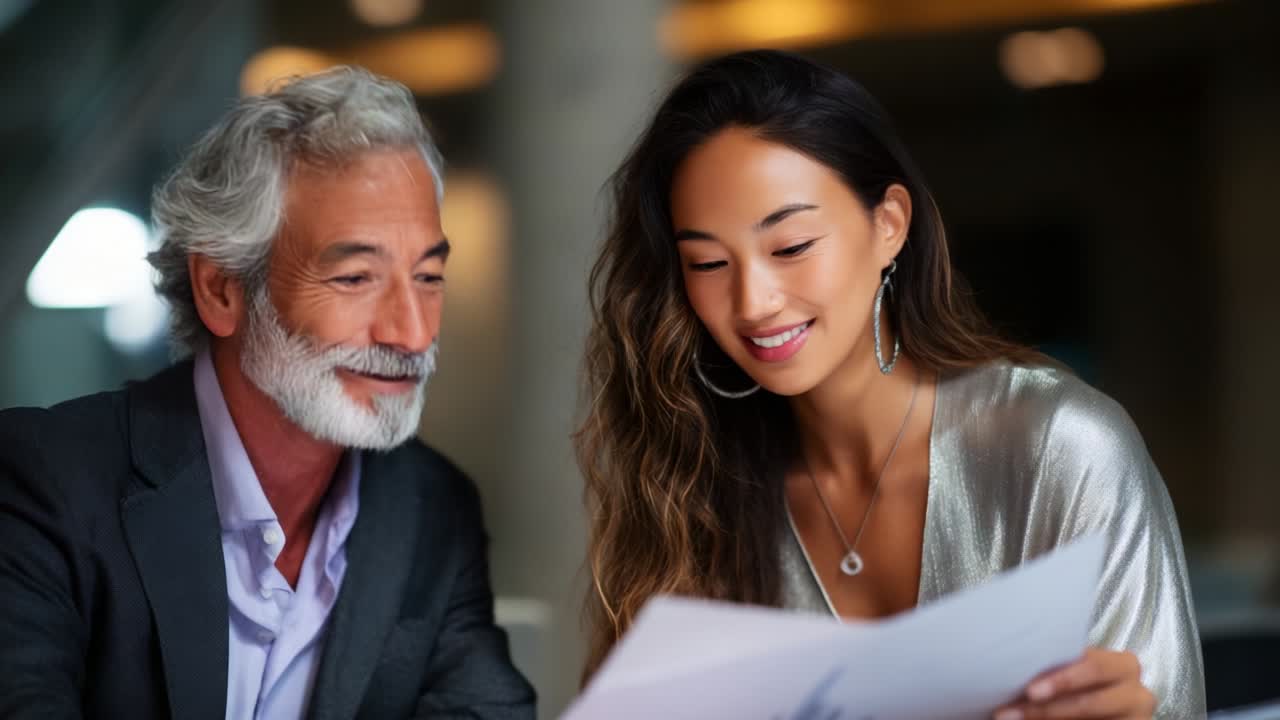Engaging Conversation Between Two Individuals: A Man and a Woman Reviewing Documents in a Contemporary Setting with Enthusiasm and Focus on Their Collaboration and Connection