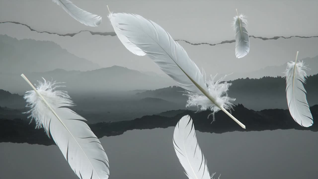Svævende hvide fjer glider hen over disede, revnede papirrygge, hvor brisen skaber lagdelt dybde.