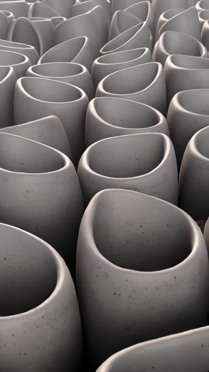 Video verticale: La telecamera si allontana rivelando vasi in ceramica grigia in studio, che mostrano macchioline.
