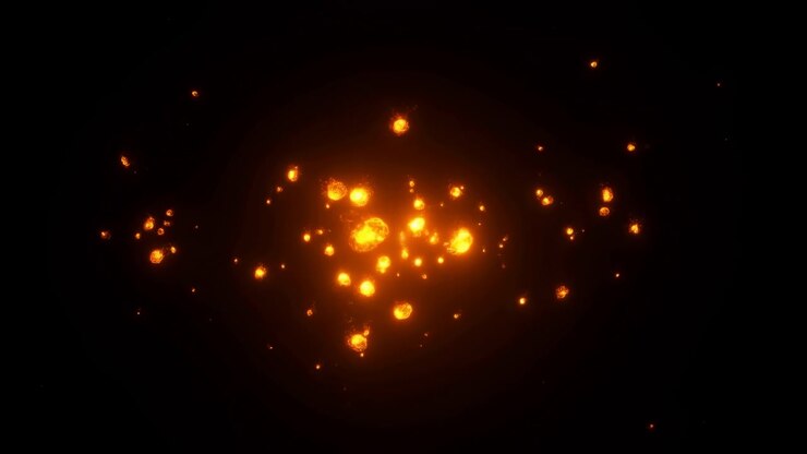 Dense cluster of glowing orange embers and scattered sparks on deep black background, with bright molten cores, warm radiance, dramatic contrast, textured heat, and vivid firelight across dark space